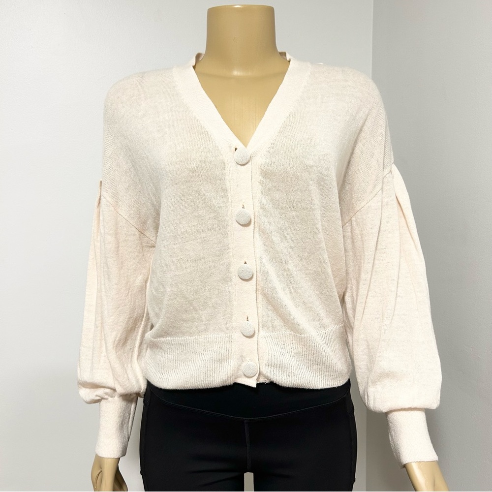 Camaieu V-Neck Button Front Cardigan Balloon‎ Sleeve Lightweight Knit Sweater